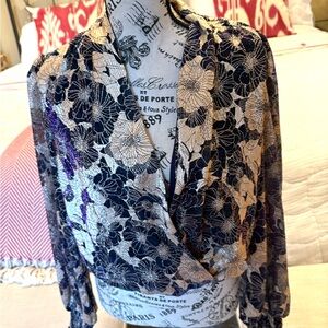 Floral Metallic Wrap Top - Navy and Gold by Faye. Size Large